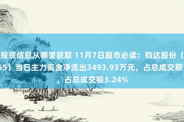 投资信息从哪里获取 11月7日股市必读：钧达股份（002865）当日主力资金净流出3493.93万元，占总成交额3.24%